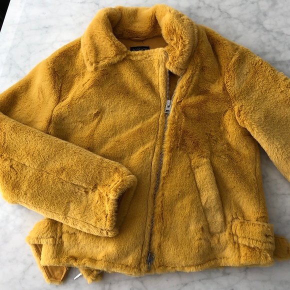 NWT TOPSHOP Yellow Fur Coat Biker Jackets sz 4 - Picture 1 of 4